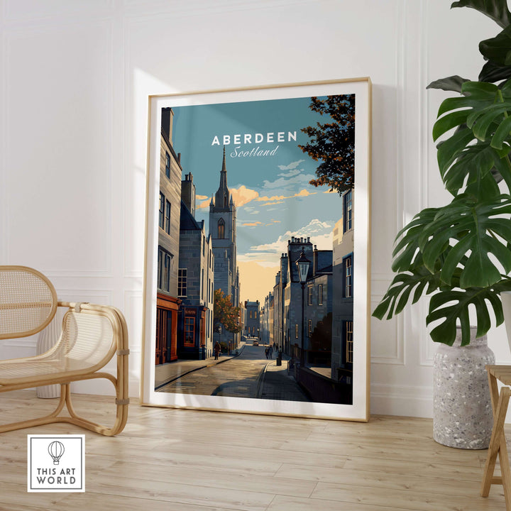 Aberdeen Print | Scottish Landmark Wall Art displayed in a stylish interior setting with plants and furniture.