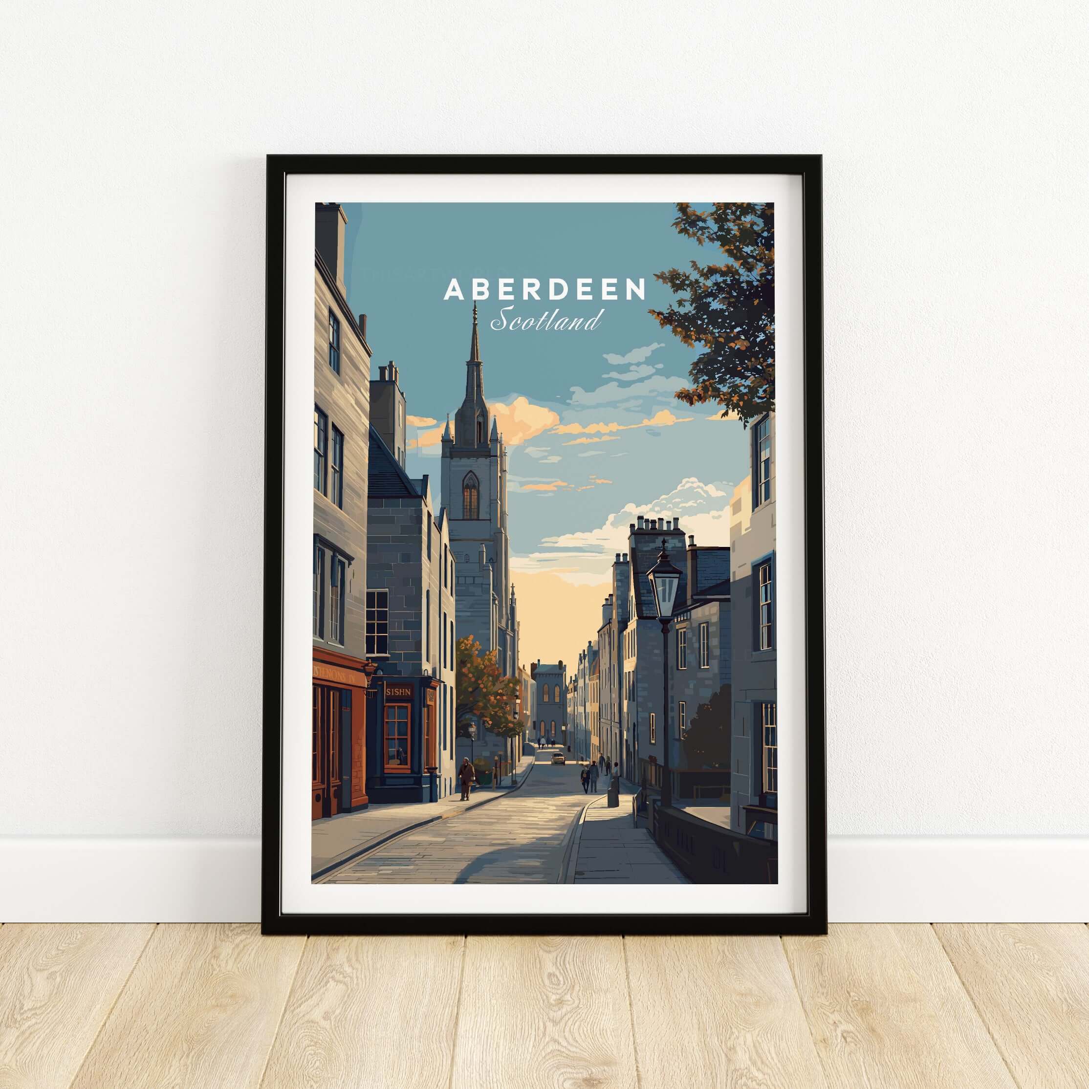 Aberdeen Print | Scottish Landmark Wall Art showcasing a street view in Aberdeen, Scotland with historical architecture.