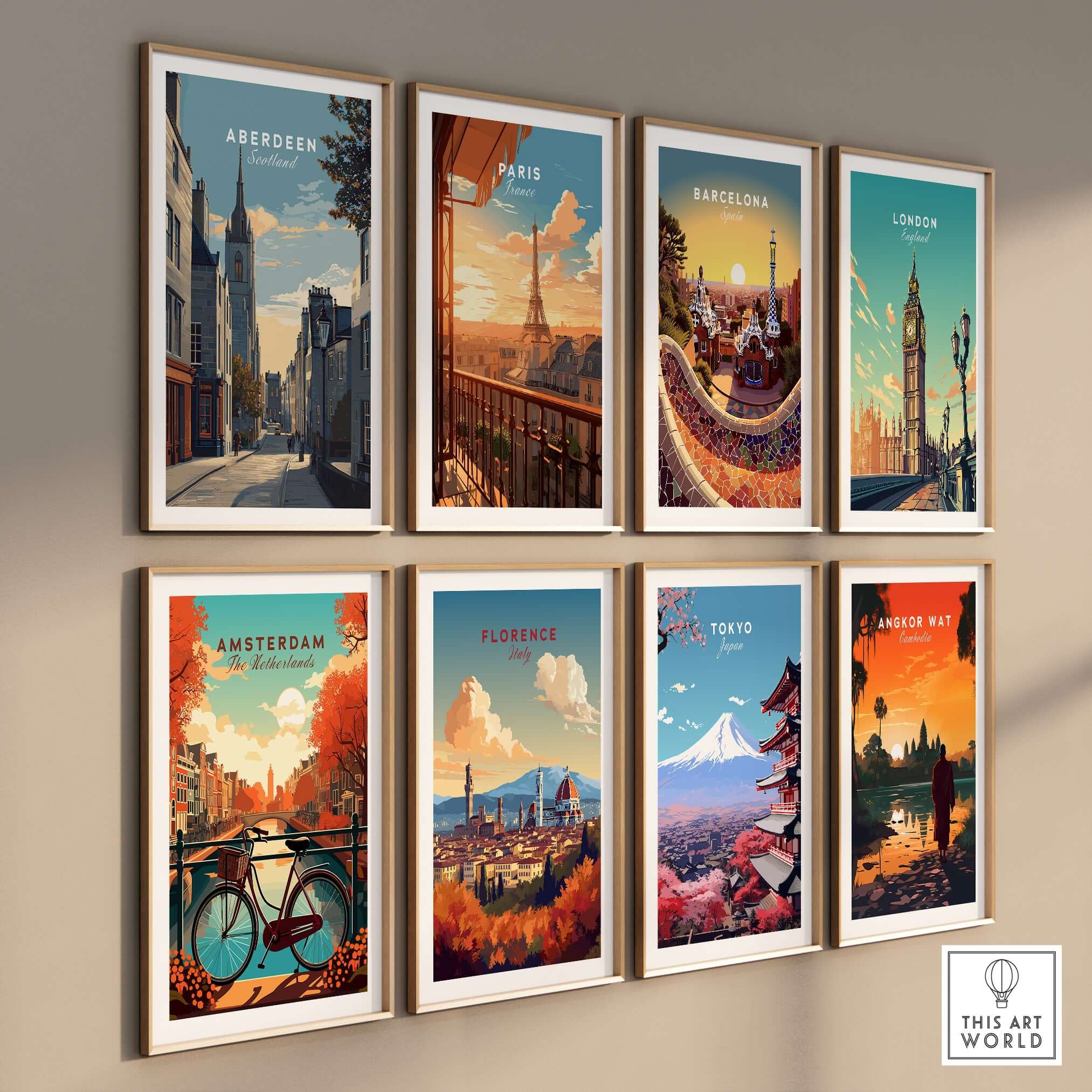 Aberdeen Print | Scottish Landmark Wall Art displayed among other city prints in a stylish arrangement on a wall.