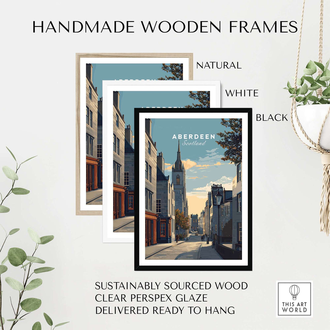 Handmade wooden frames in natural, white, and black for Aberdeen Print | Scottish Landmark Wall Art, ready to hang.