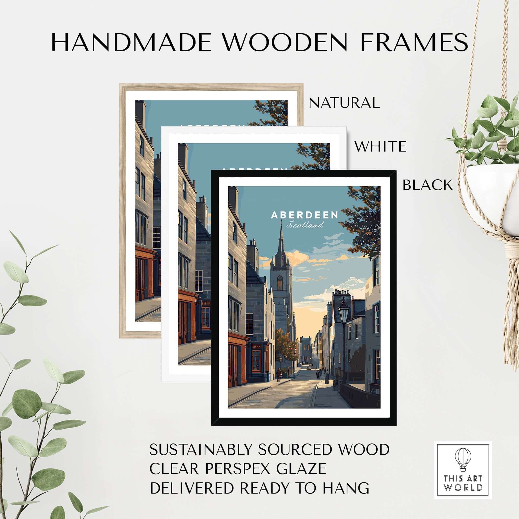 Handmade wooden frames for Aberdeen Print | Scottish Landmark Wall Art in natural, white, and black colors.