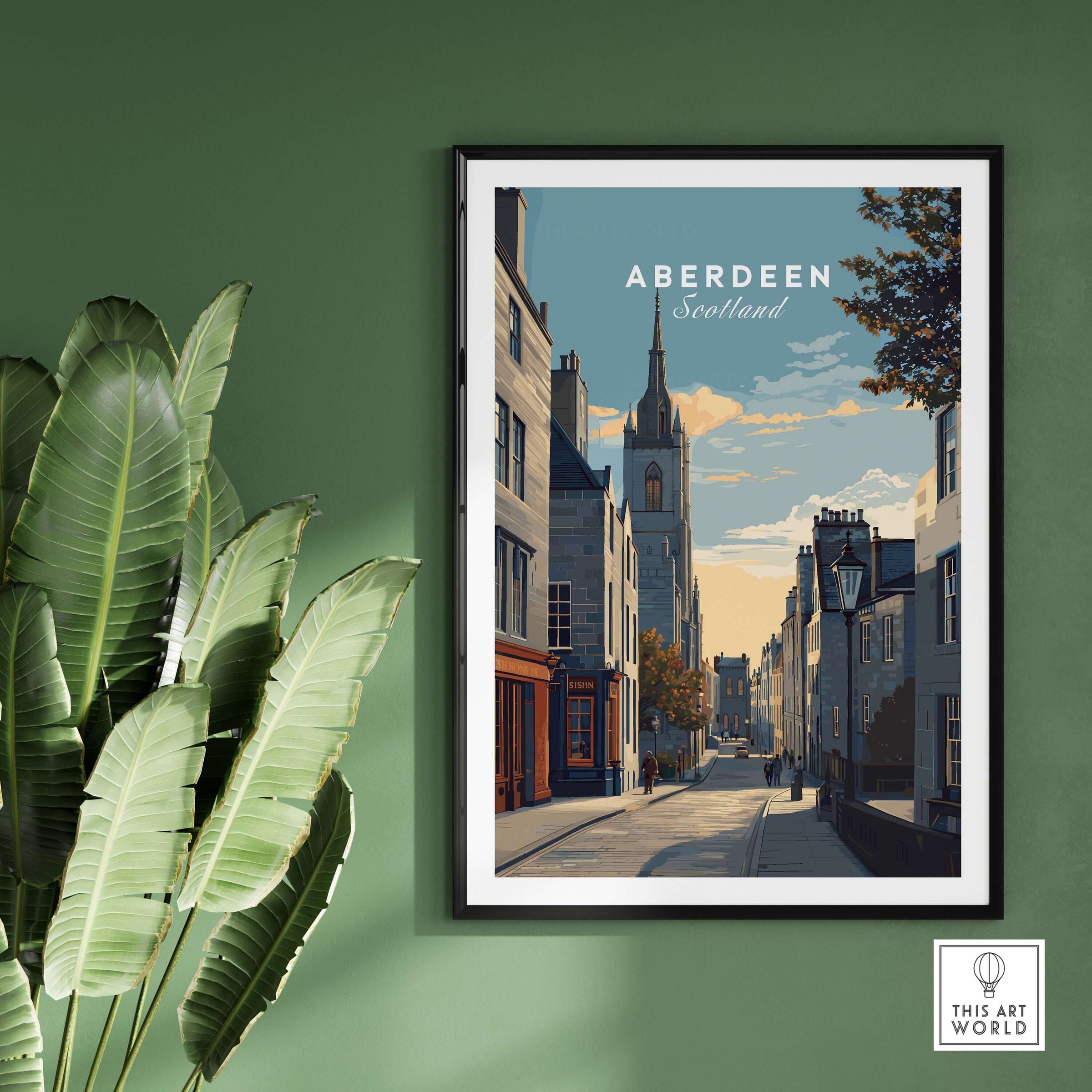 Aberdeen Print | Scottish Landmark Wall Art displayed in a stylish framed setting against a green wall.