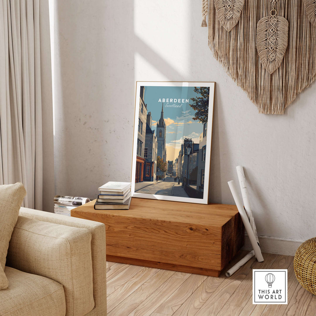 Aberdeen Print | Scottish Landmark Wall Art showcased in a cozy living room setting with a wooden display.