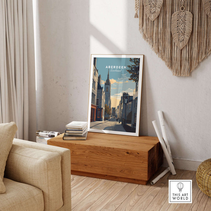 Aberdeen Print | Scottish Landmark Wall Art showcased in a cozy living room setting with a wooden display.