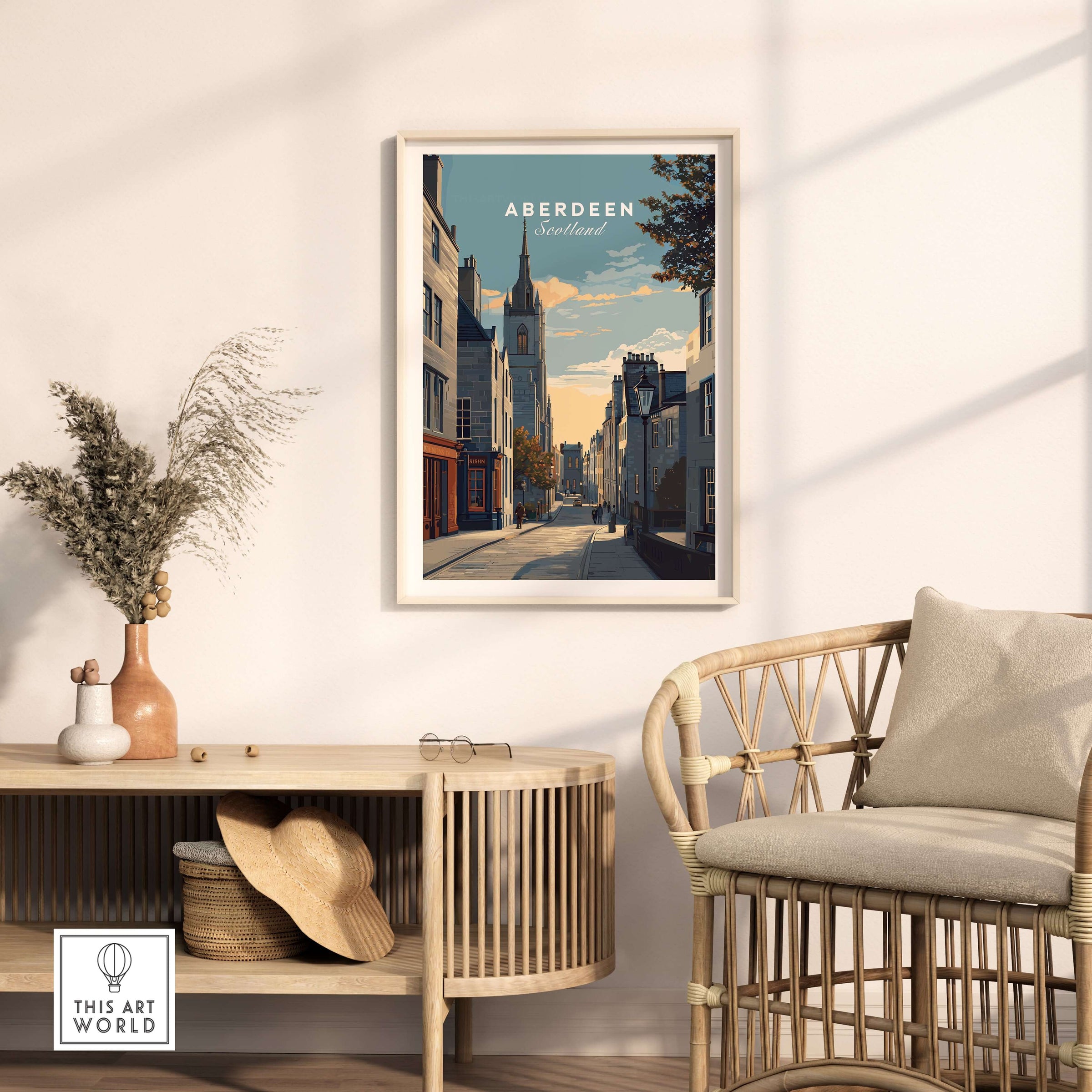 Aberdeen Print | Scottish Landmark Wall Art displayed in a stylish living room setting with a modern chair.