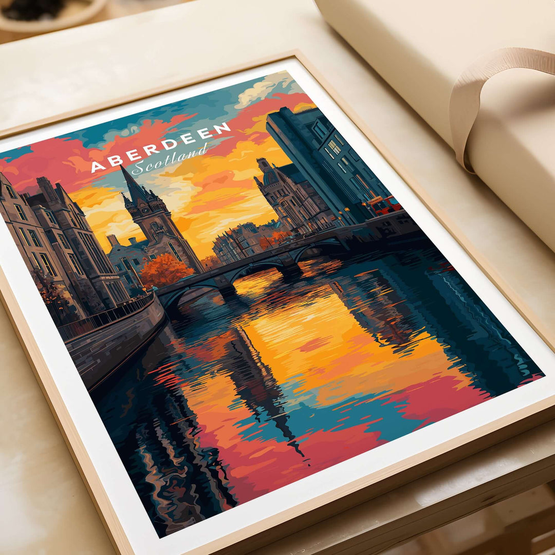 Aberdeen Print | Vibrant Urban Wall Decor showcasing a colorful cityscape of Aberdeen, Scotland with vibrant reflections in the water.