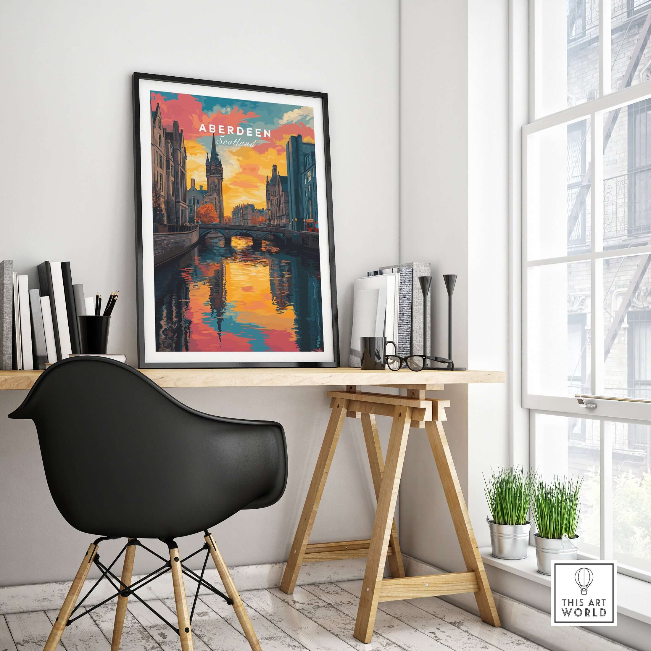 Aberdeen Print | Vibrant Urban Wall Decor showcasing a dynamic urban scene with colorful reflections in a stylish home office.