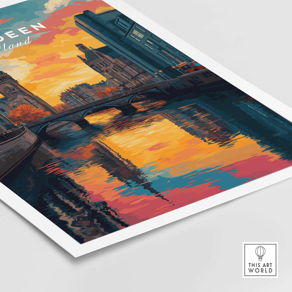 Aberdeen Print | Vibrant Urban Wall Decor showcasing vibrant cityscape colors and reflections on the river.
