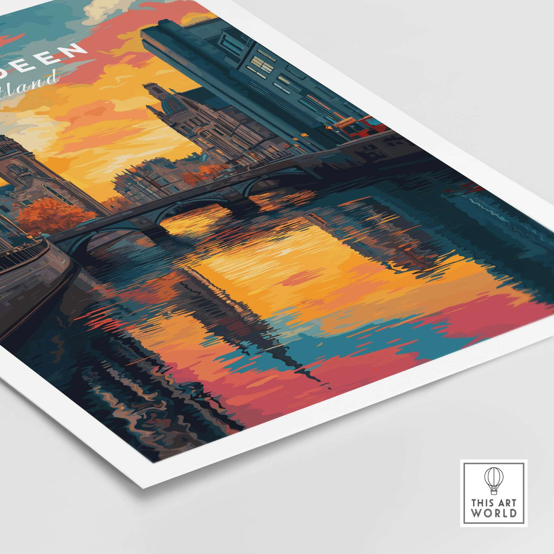 Aberdeen Print | Vibrant Urban Wall Decor showcasing vibrant cityscape colors and reflections on the river.