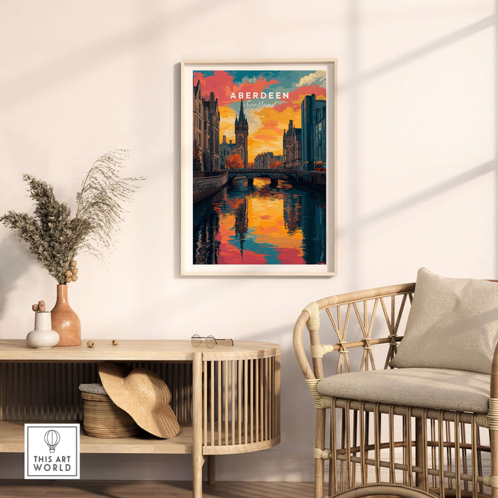 Aberdeen Print | Vibrant Urban Wall Decor showcased in modern interior with reflections on water.
