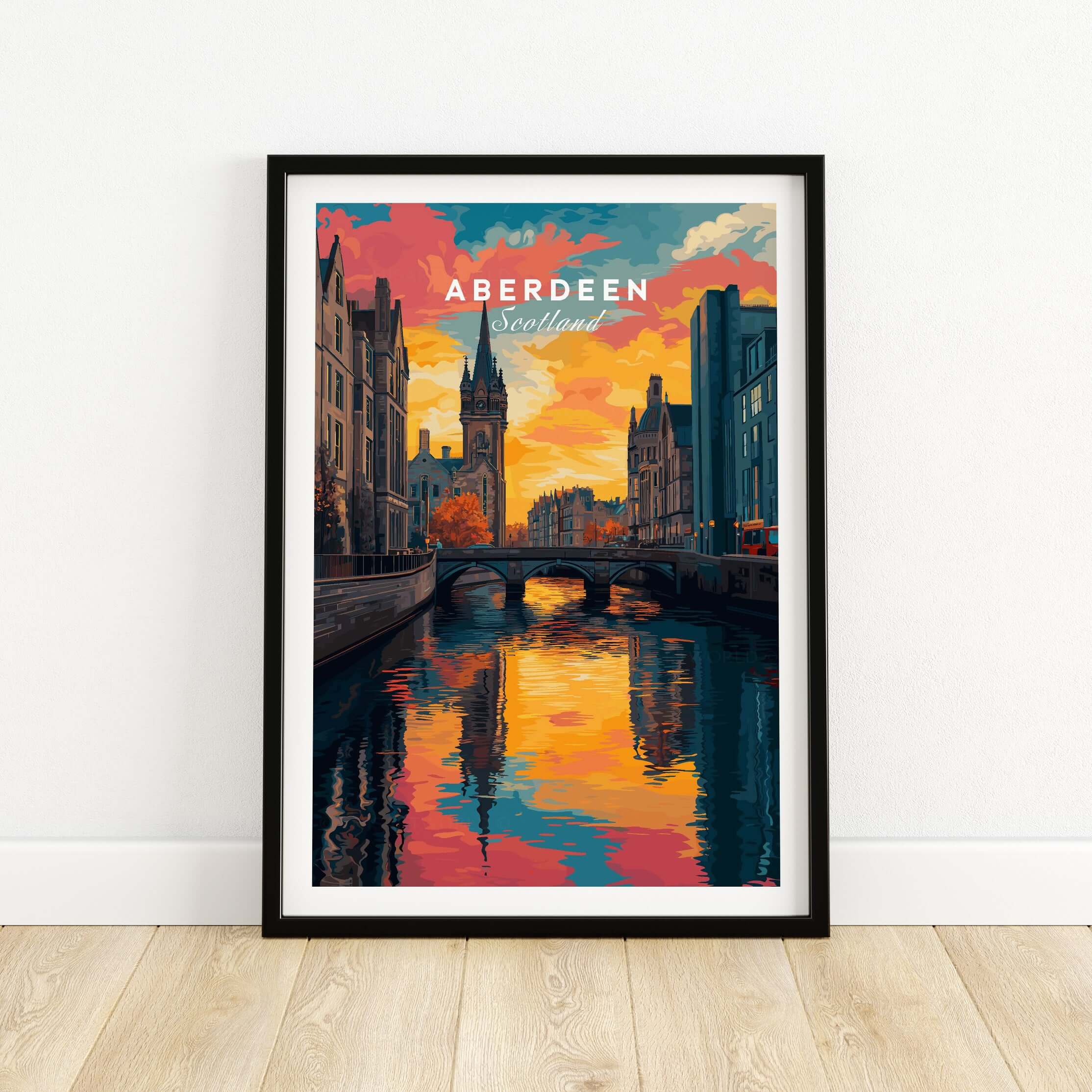 Aberdeen Print | Vibrant Urban Wall Decor featuring a colorful depiction of Aberdeen, Scotland at sunset.