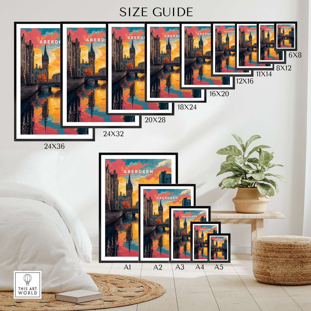 Aberdeen Print | Vibrant Urban Wall Decor size guide showcasing various frame options and vibrant colors.