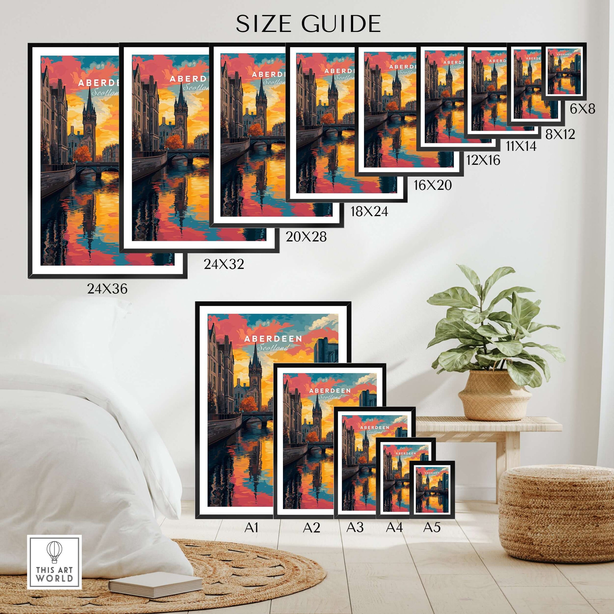 Aberdeen Print | Vibrant Urban Wall Decor Size Guide showcasing various frame sizes for urban decor.