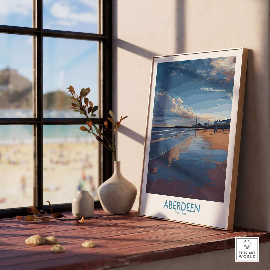 Aberdeen Scotland Beach Art Print | Coastal Travel Wall Decor displayed in a cozy room with beach view through window.