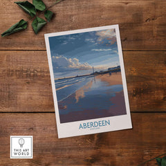Aberdeen Scotland Beach Art Print | Coastal Travel Wall Decor featuring serene coastal landscape on wooden tabletop.