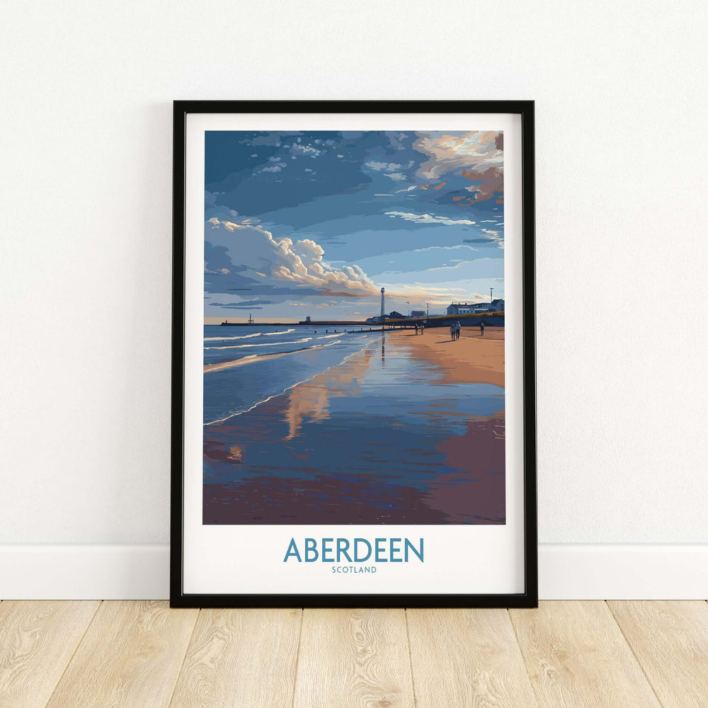 Aberdeen Scotland Beach Art Print | Coastal Travel Wall Decor showcasing a serene coastline with reflections in the sand.