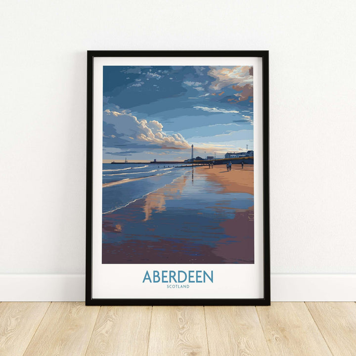 Aberdeen Scotland Beach Art Print | Coastal Travel Wall Decor showcasing a serene coastline with reflections in the sand.