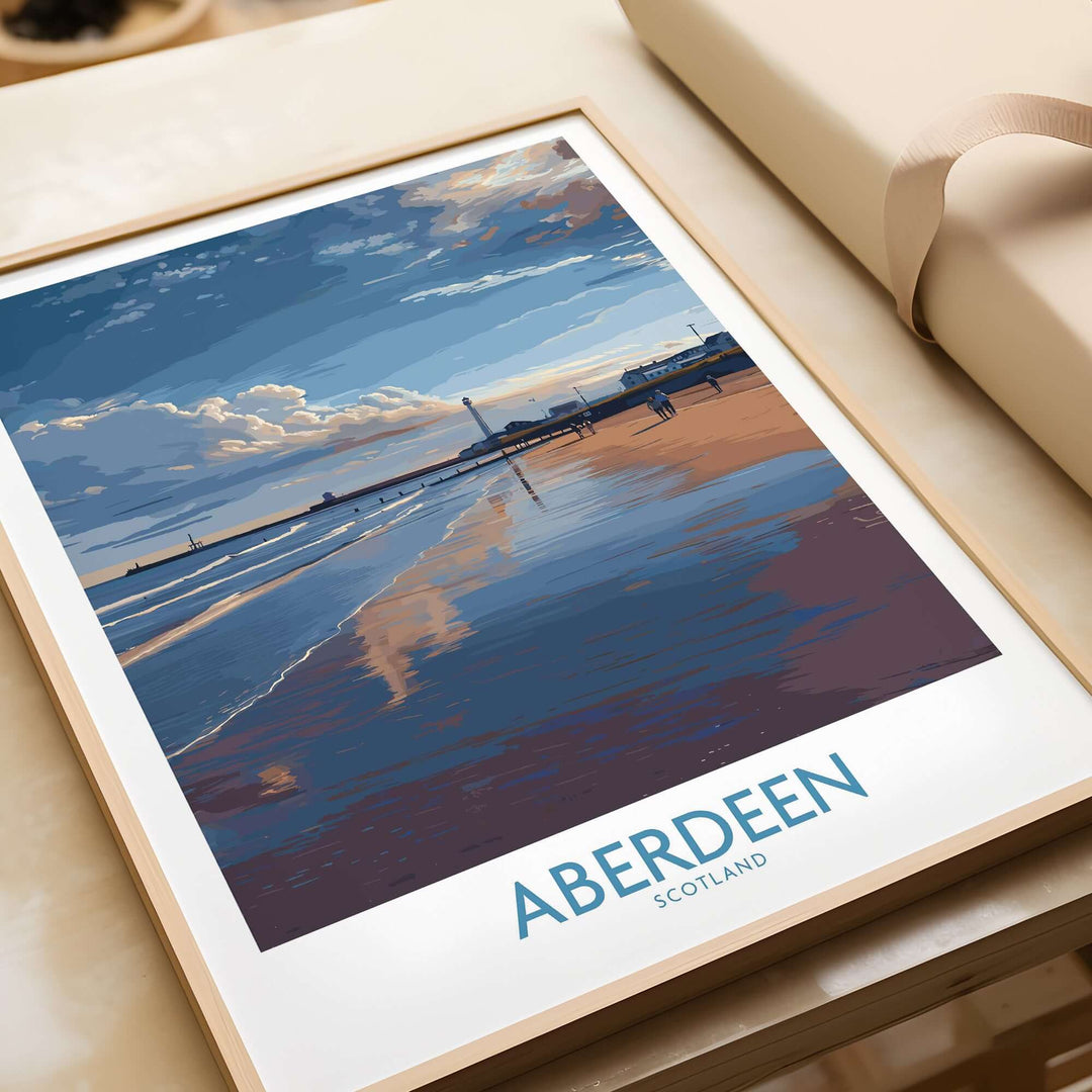 Aberdeen Scotland Beach Art Print | Coastal Travel Wall Decor showcasing serene coastal landscape and reflections.