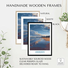Aberdeen Scotland Beach Art Print | Coastal Travel Wall Decor framed in natural, white, and black handmade wooden frames.
