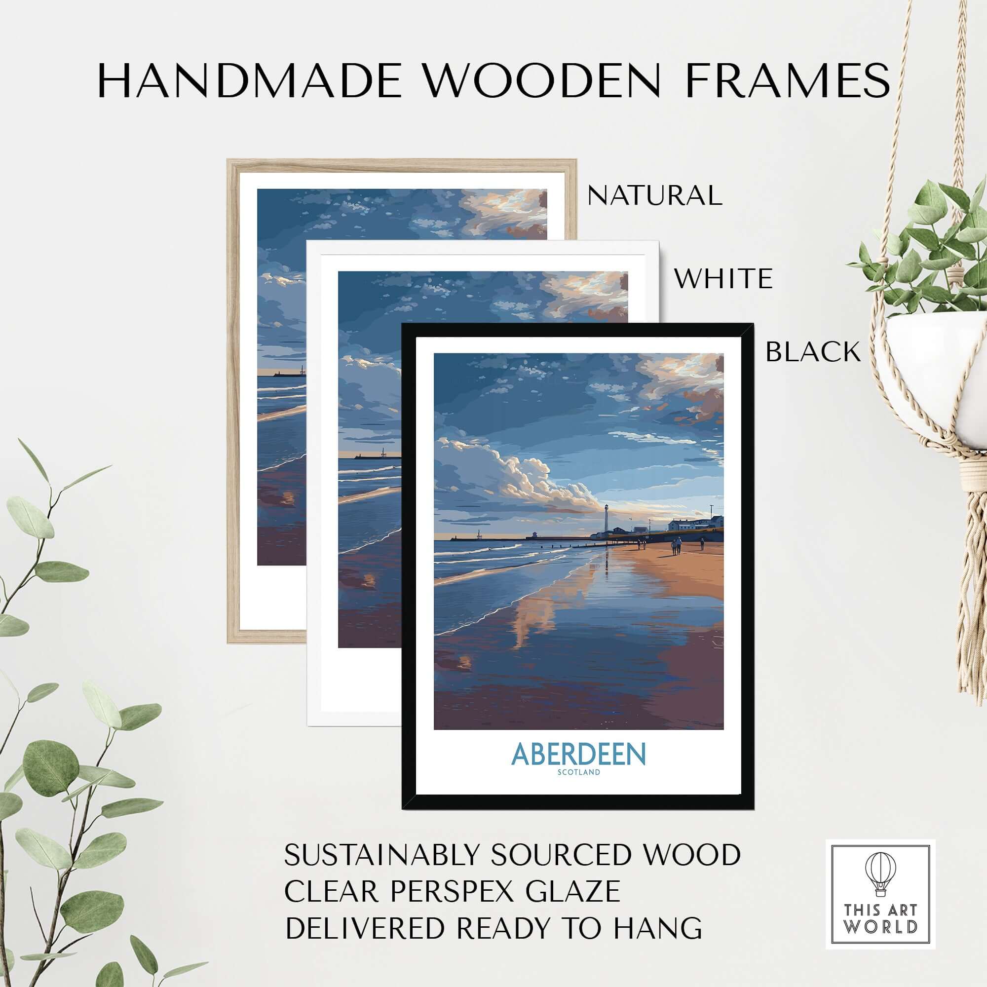 Aberdeen Scotland Beach Art Print | Coastal Travel Wall Decor framed in natural, white, and black handmade wooden frames.
