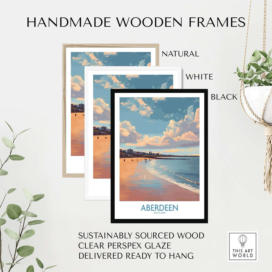 Aberdeen Scotland Beach Art Print | Retro Travel Poster in handmade wooden frames available in natural, white, and black.