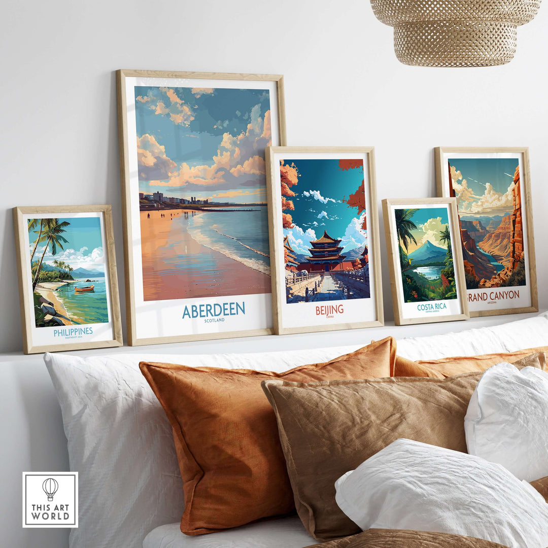 Aberdeen Scotland Beach Art Print | Retro Travel Poster displayed among other travel art prints in a cozy home setting.