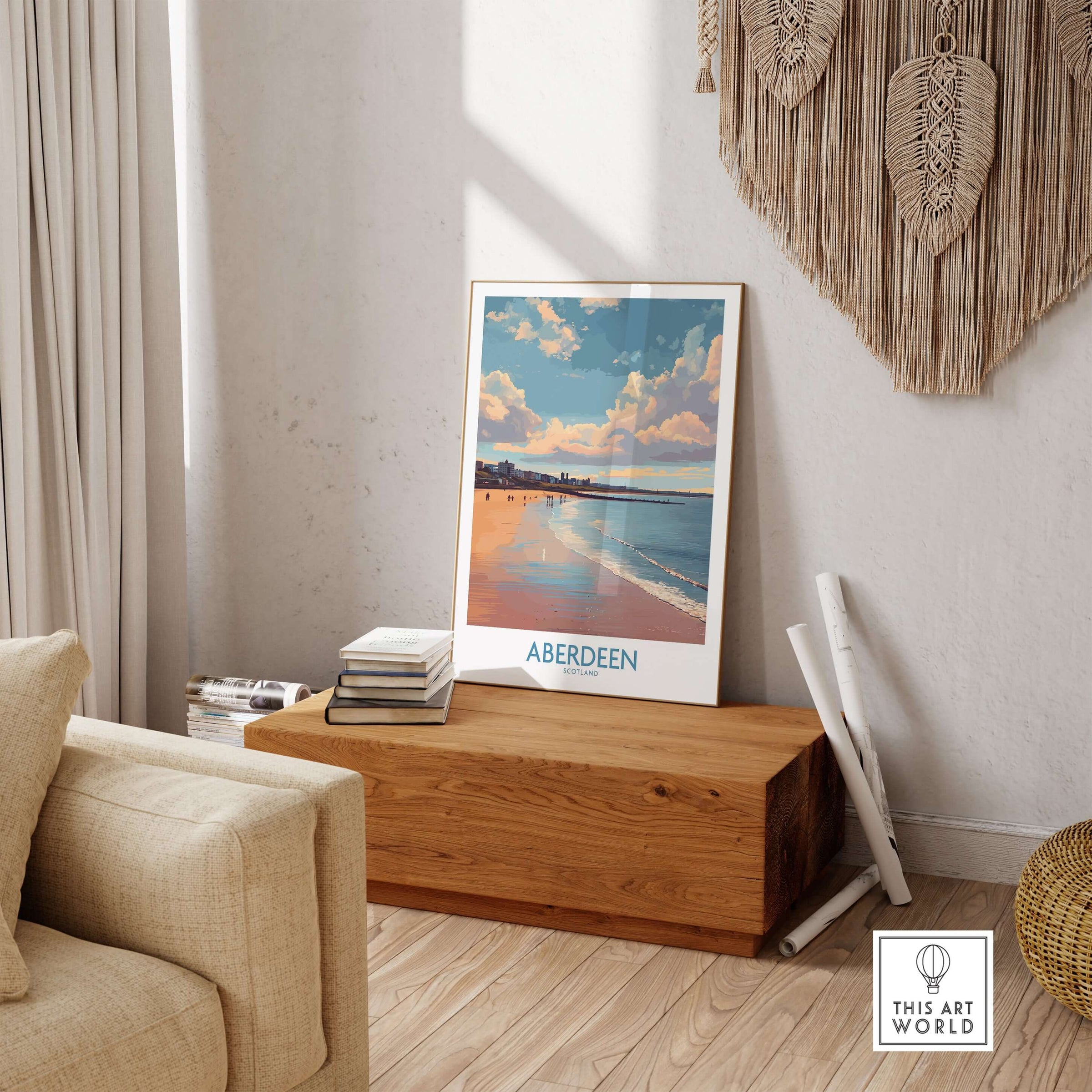 Aberdeen Scotland Beach Art Print | Retro Travel Poster displayed in a cozy living room setting.