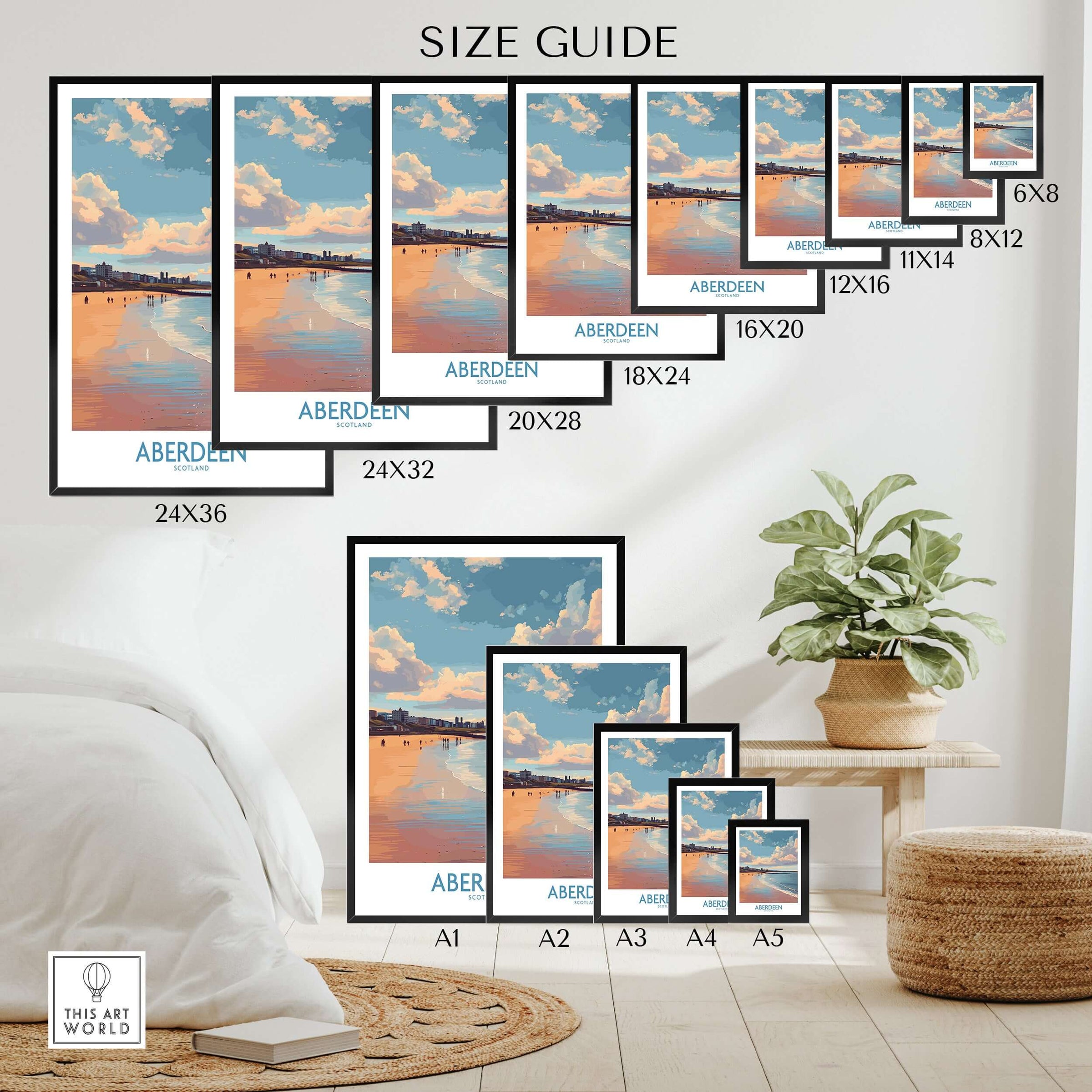 Aberdeen Scotland Beach Art Print | Retro Travel Poster size guide with various frame sizes displayed.