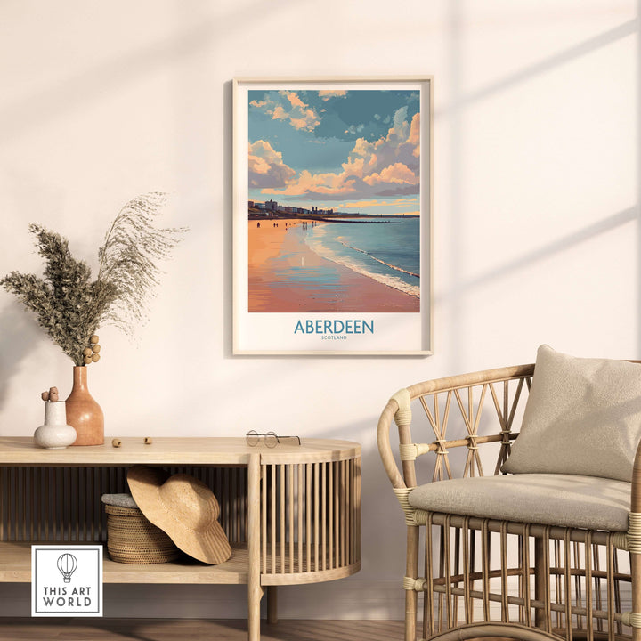 Aberdeen Scotland Beach Art Print | Retro Travel Poster displayed in a cozy living room setting.