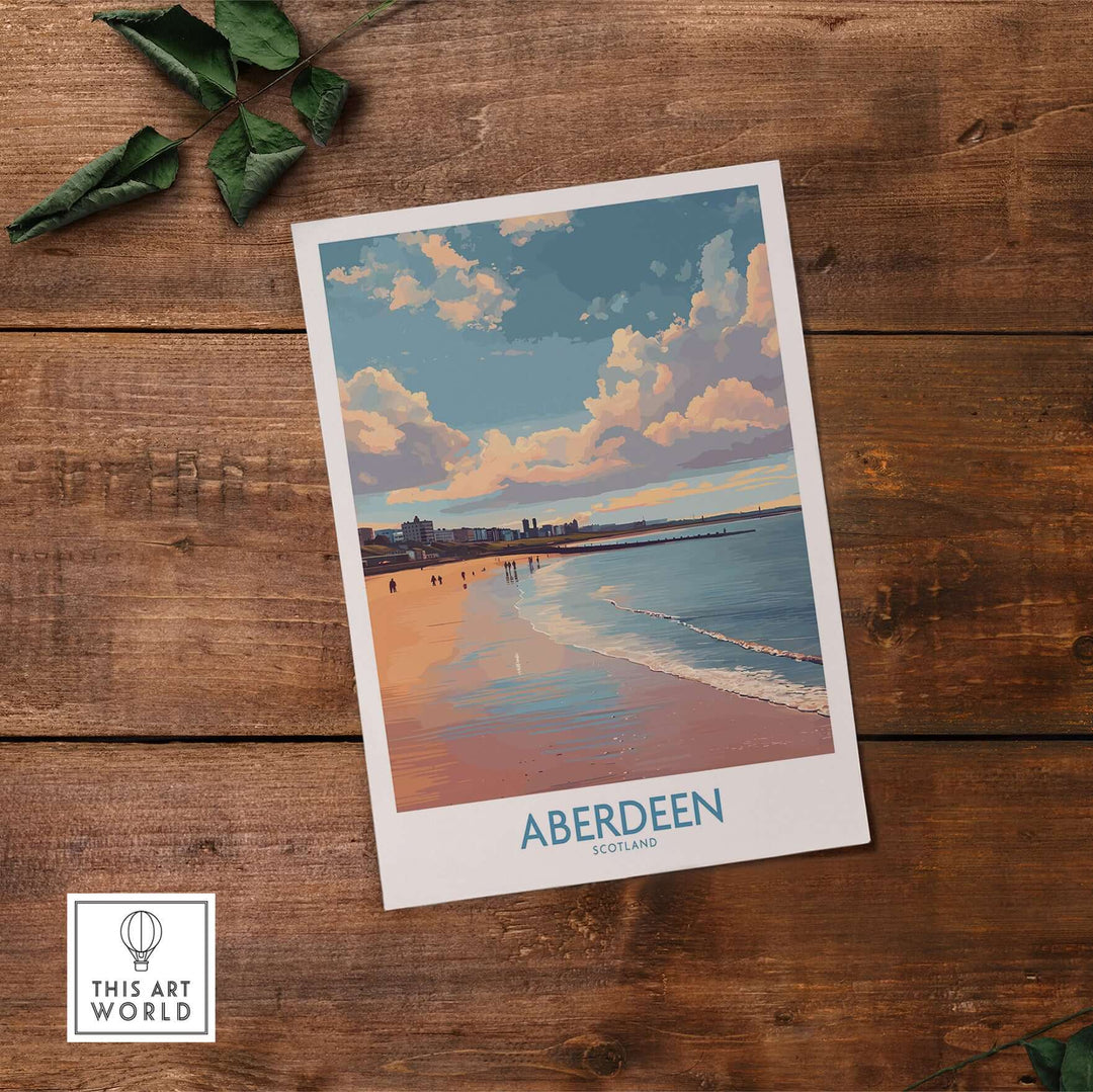 Aberdeen Scotland Beach Art Print | Retro Travel Poster showcasing a tranquil coastline and vibrant sky.