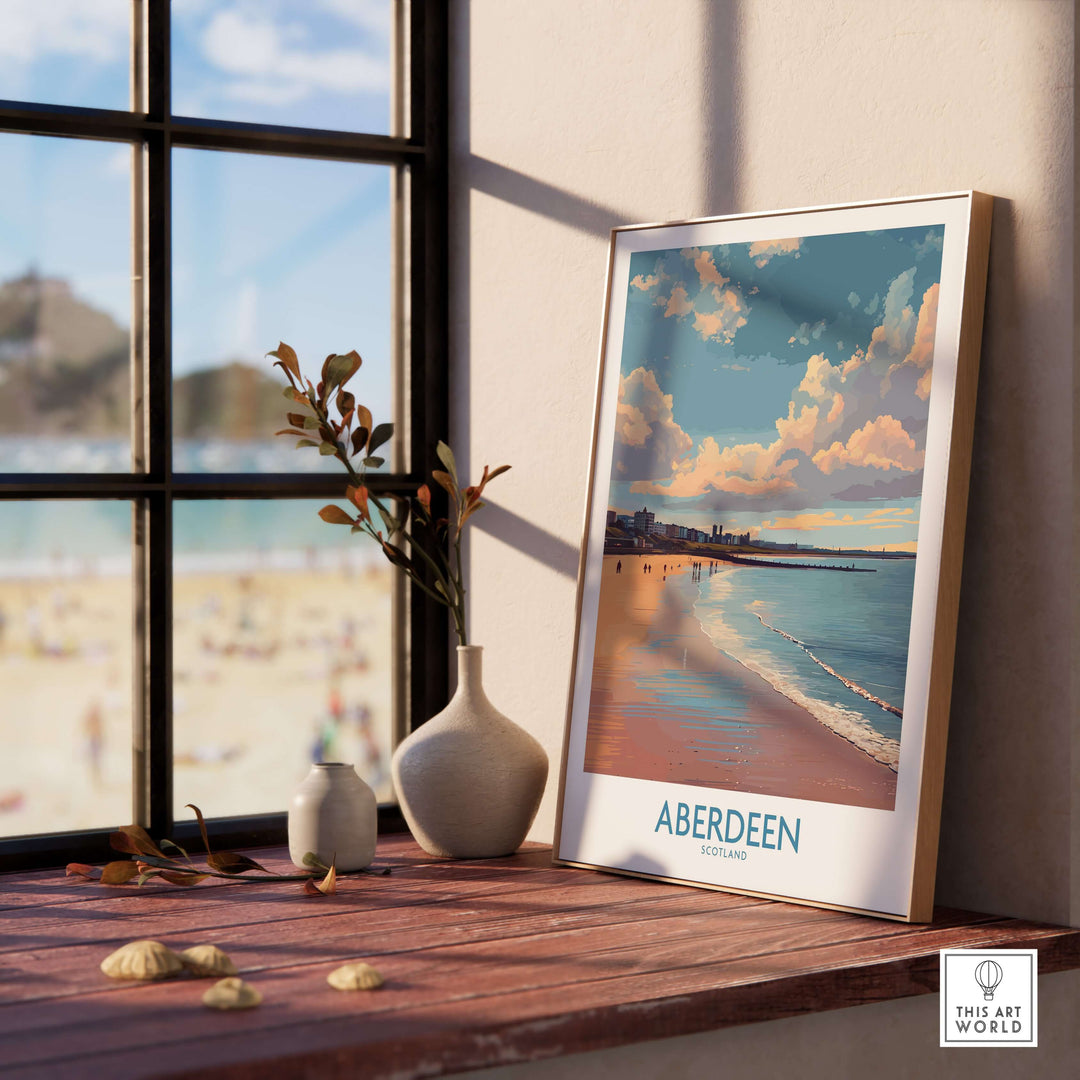 Aberdeen Scotland Beach Art Print | Retro Travel Poster displayed in a cozy interior with beach view.