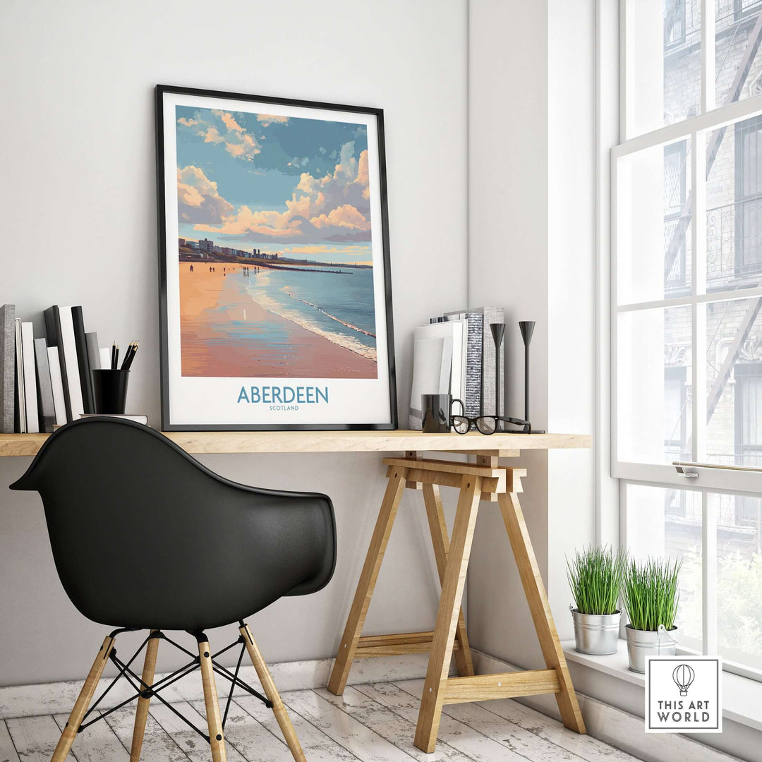 Aberdeen Scotland Beach Art Print | Retro Travel Poster displayed in a stylish room with a desk and chair.