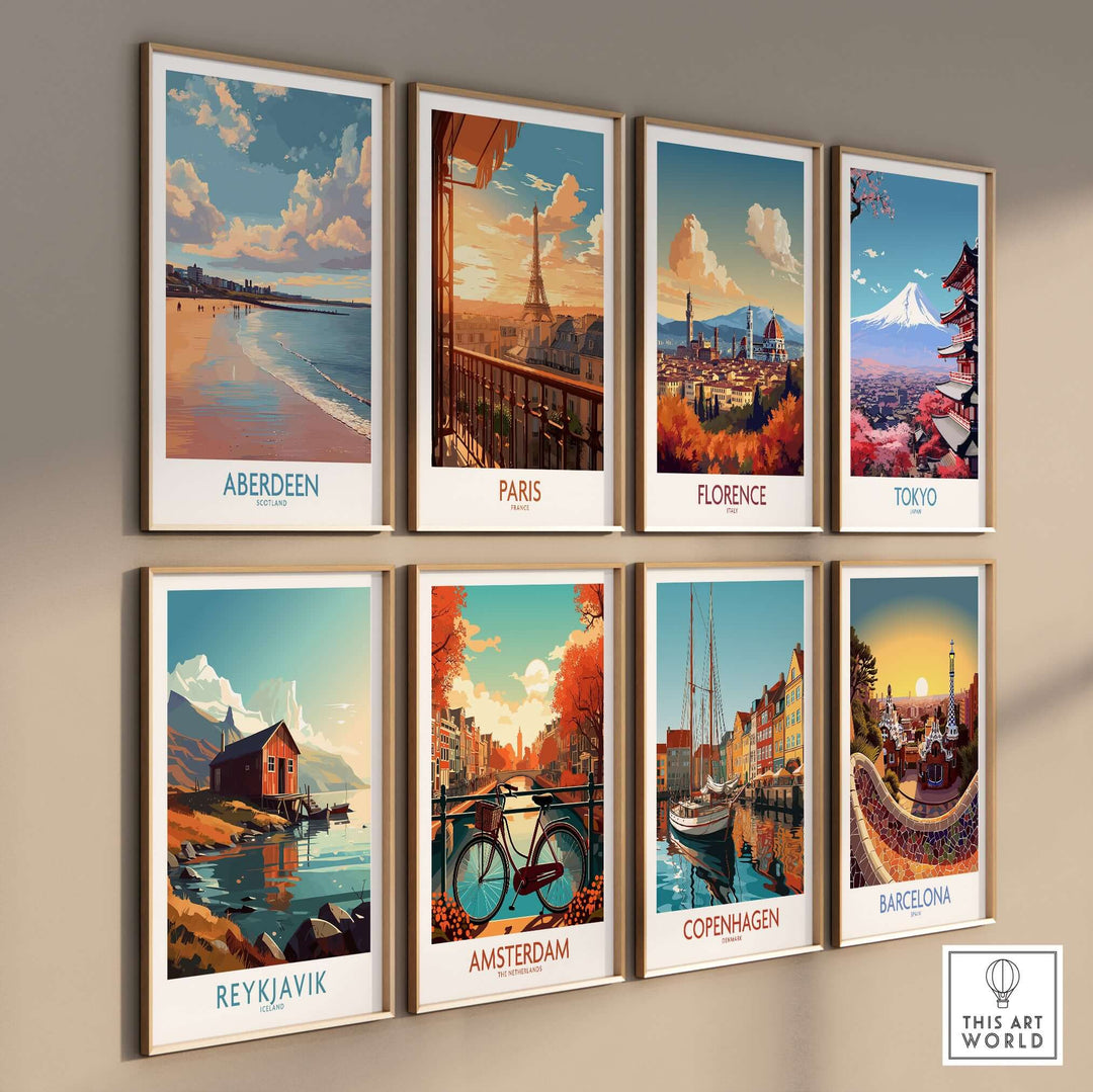 Aberdeen Scotland Beach Art Print | Retro Travel Poster collection displayed on a wall showcasing scenic landscapes.