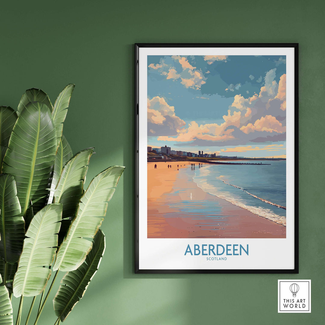 Aberdeen Scotland Beach Art Print | Retro Travel Poster featuring serene beach scene and clouds.