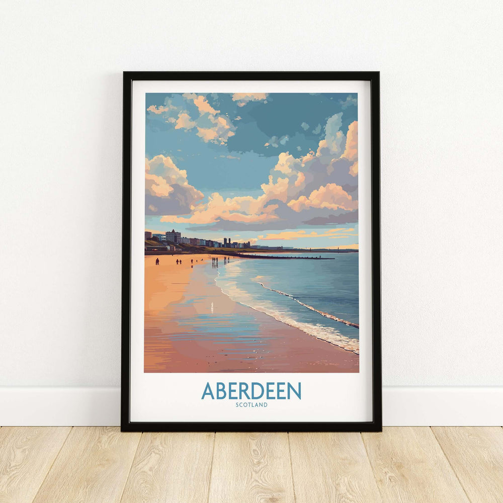 Aberdeen Scotland Beach Art Print | Retro Travel Poster featuring a vibrant beach scene with soft clouds and calm waters.