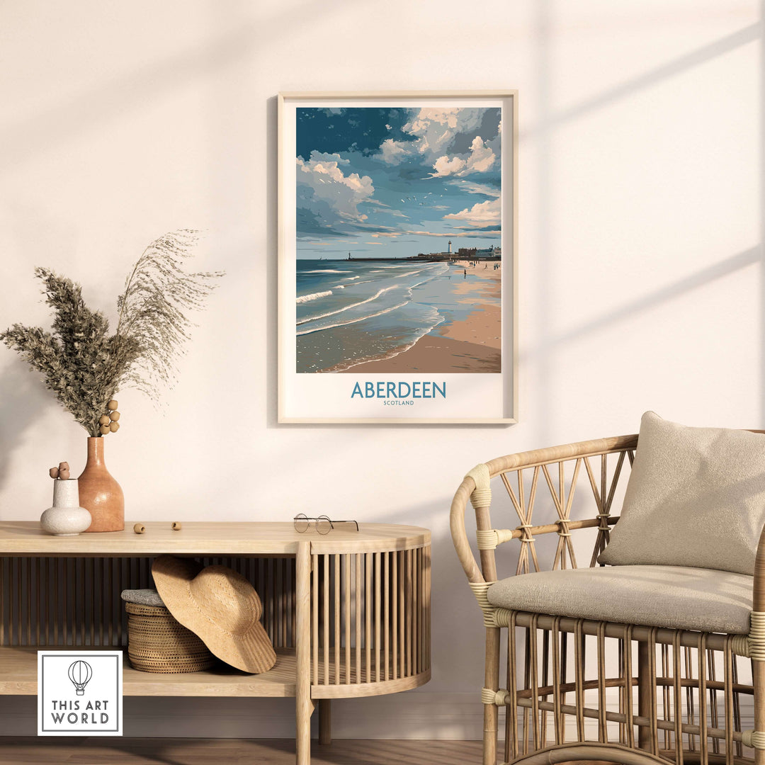 Aberdeen Scotland Bright Beach Scene Art Print | Coastal Poster displayed in modern interior decor.