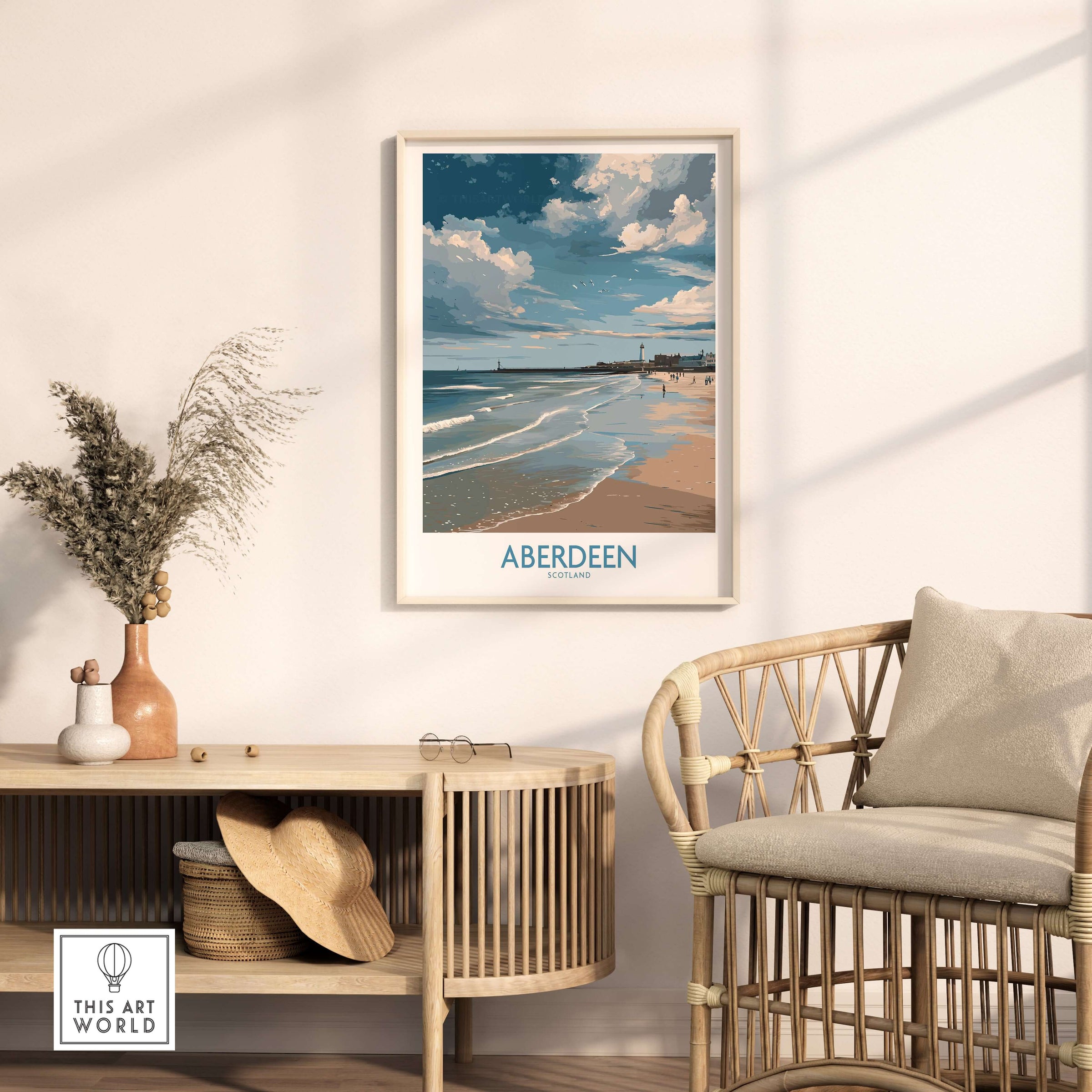 Aberdeen Scotland Bright Beach Scene Art Print | Coastal Poster framed in a stylish living room decor.