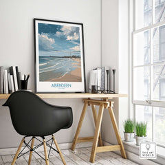 Aberdeen Scotland Bright Beach Scene Art Print | Coastal Poster displayed in a modern interior office setting.