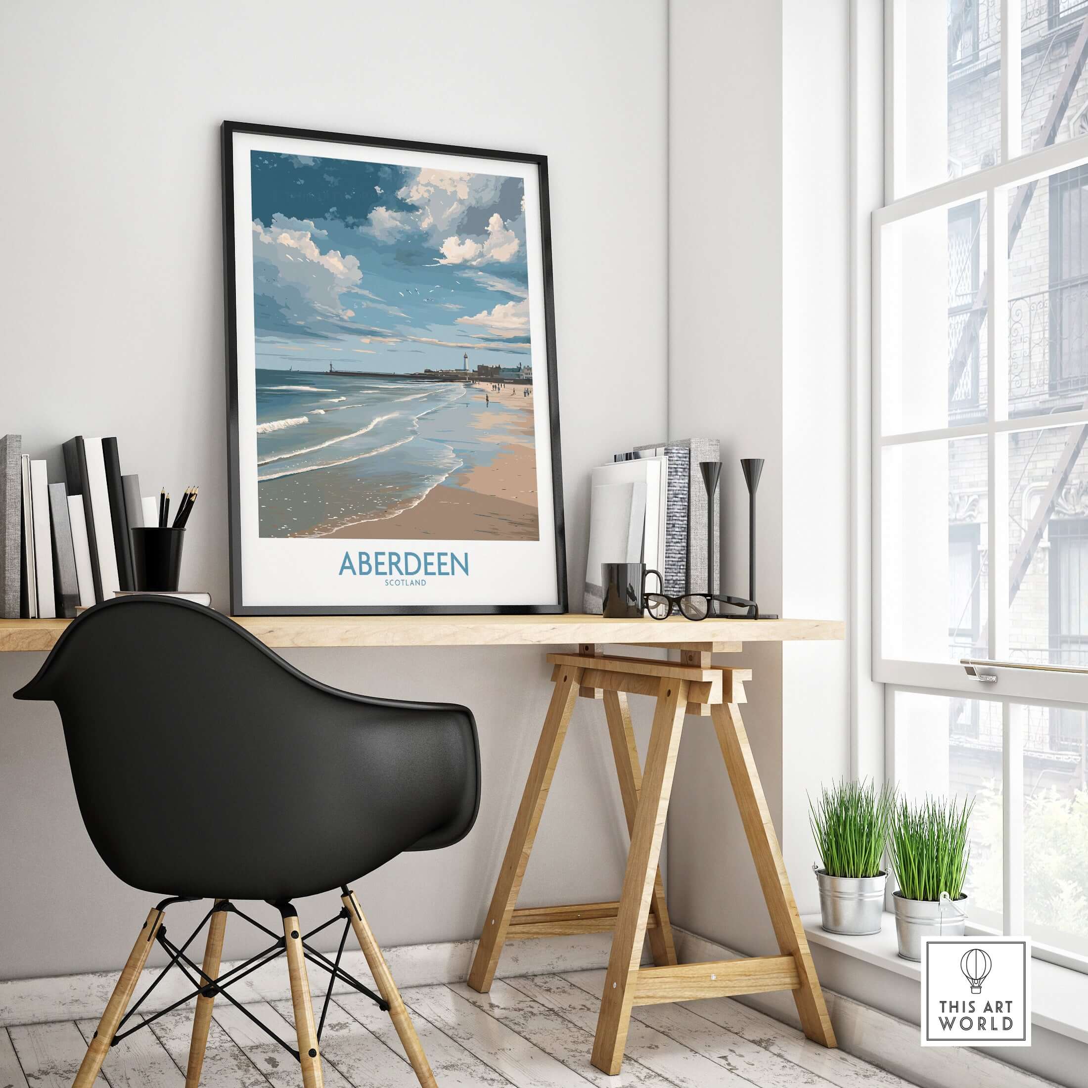 Aberdeen Scotland Bright Beach Scene Art Print | Coastal Poster displayed in a modern interior office setting.