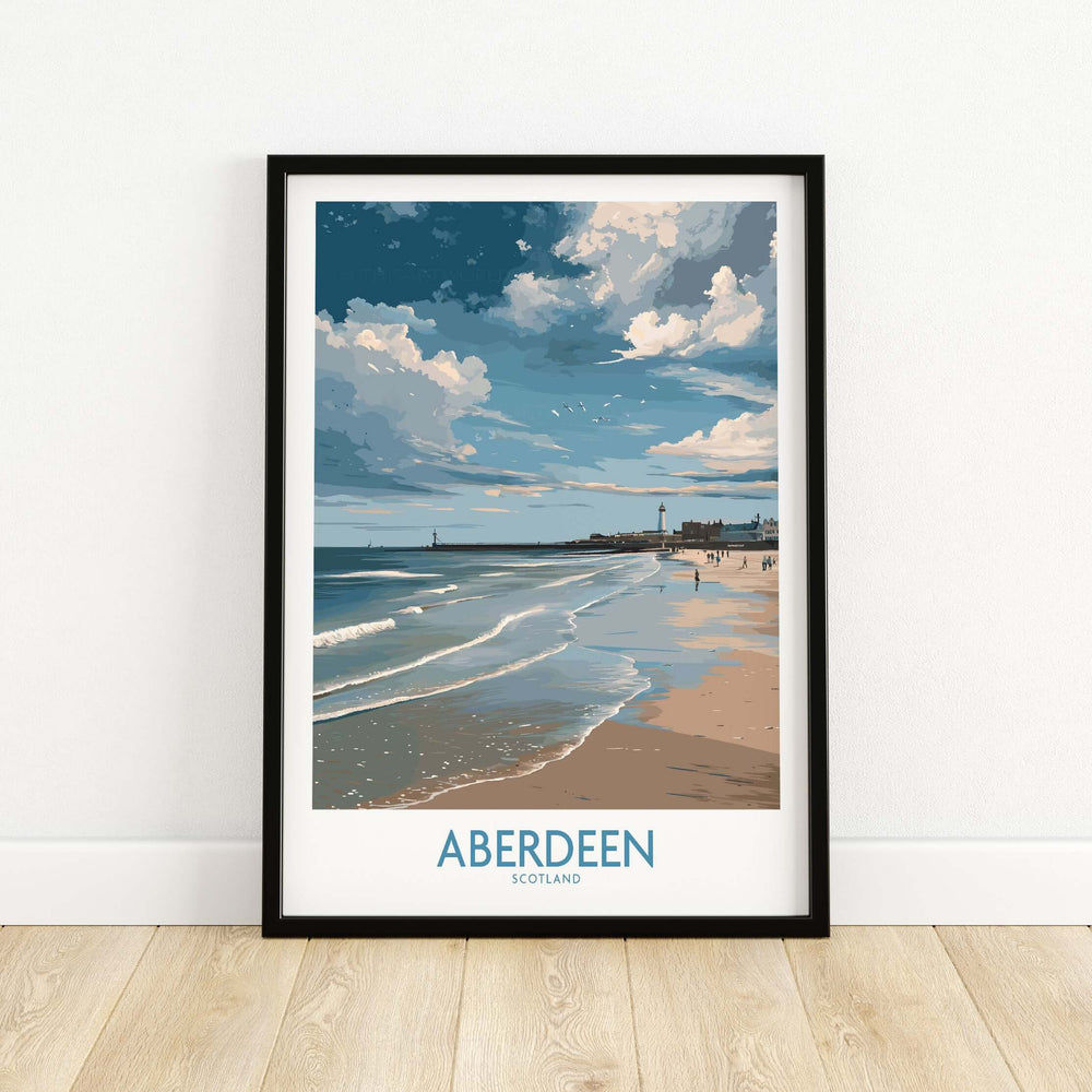 Aberdeen Scotland Bright Beach Scene Art Print | Coastal Poster showcasing vibrant beach atmosphere and scenic coastline.