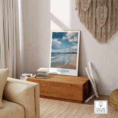 Aberdeen Scotland Bright Beach Scene Art Print | Coastal Poster displayed in a stylish interior setting.