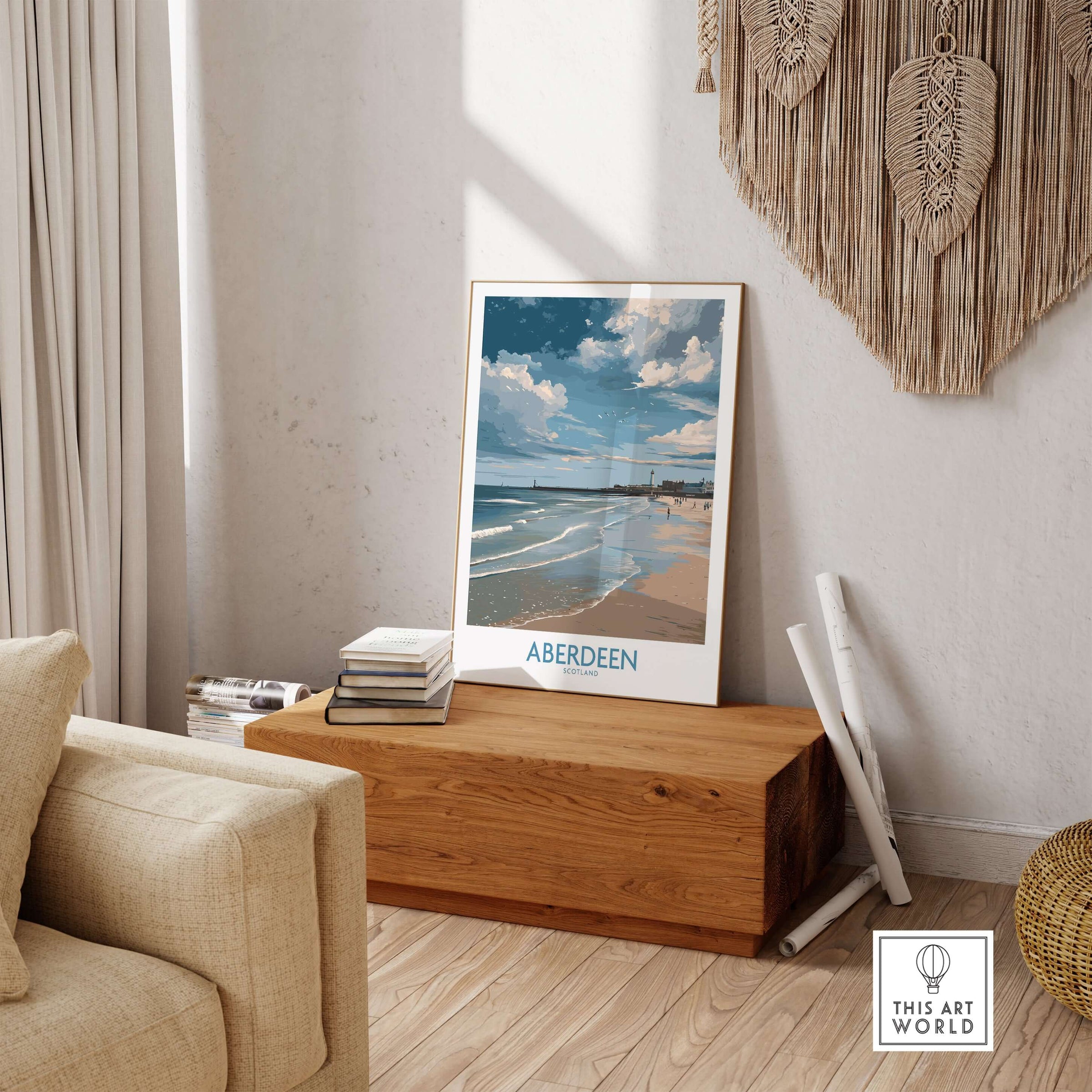 Aberdeen Scotland Bright Beach Scene Art Print | Coastal Poster displayed in a stylish interior setting.