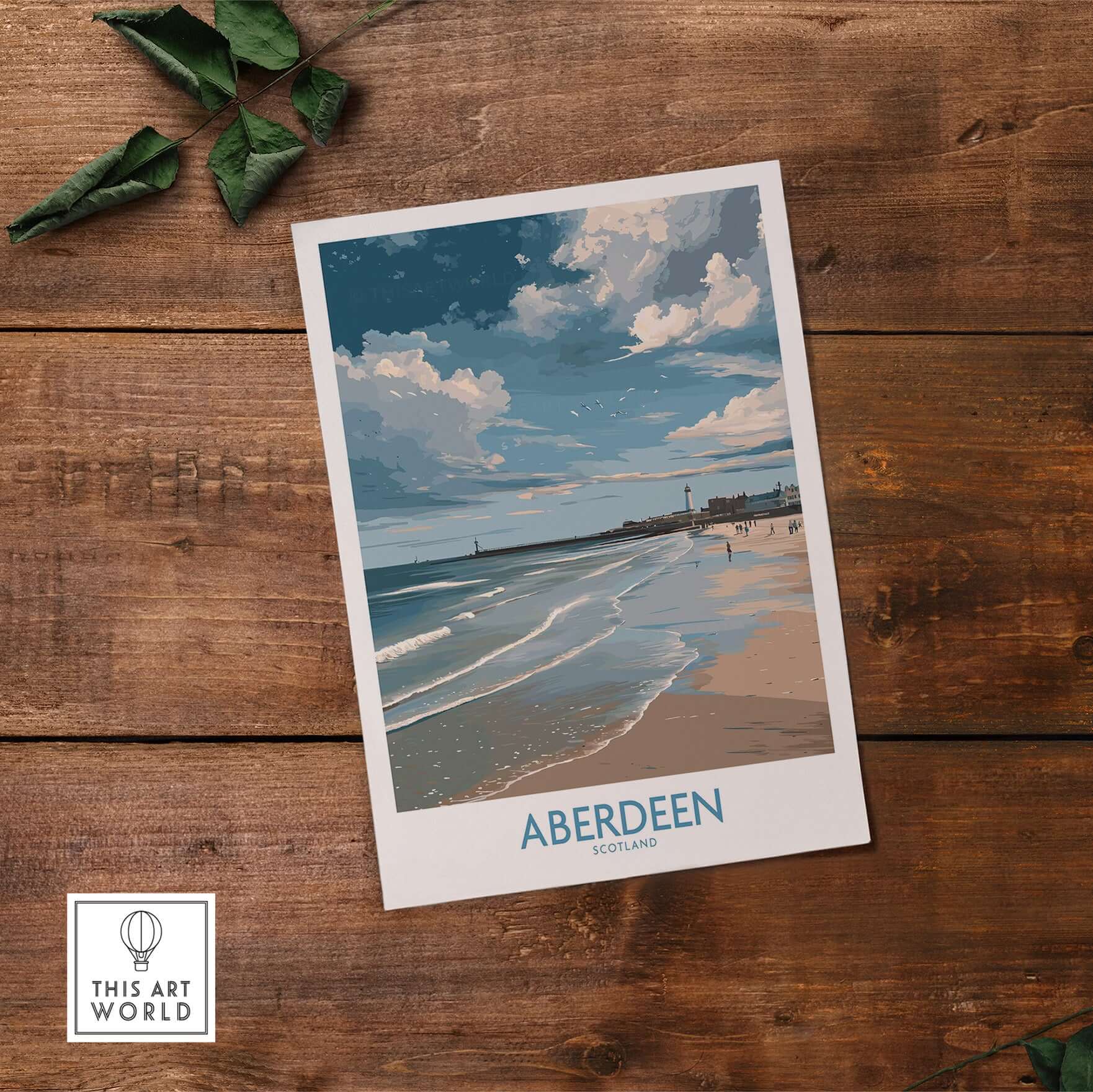 Aberdeen Scotland Bright Beach Scene Art Print | Coastal Poster on wooden surface with green leaves.