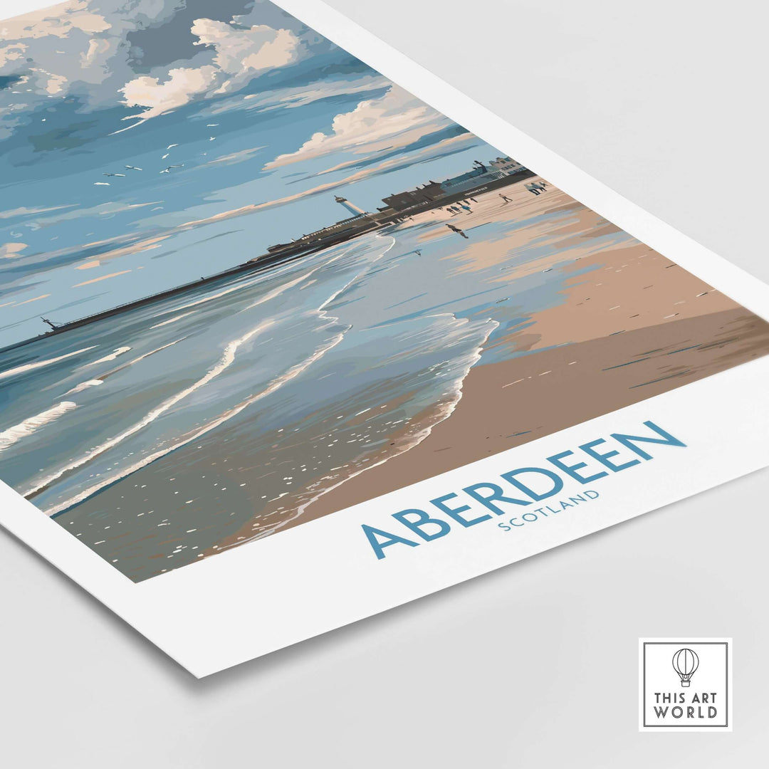 Aberdeen Scotland Bright Beach Scene Art Print | Coastal Poster showcasing a vibrant beach with waves and clouds.