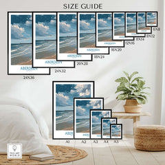 Aberdeen Scotland Bright Beach Scene Art Print | Coastal Poster size guide displaying various frame options.