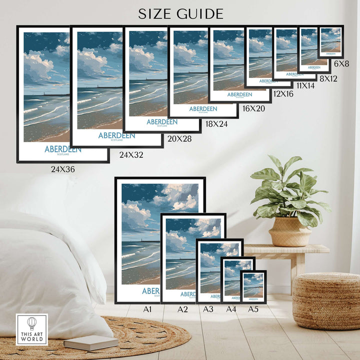 Aberdeen Scotland Bright Beach Scene Art Print | Coastal Poster size guide showcasing frame dimensions and placements.