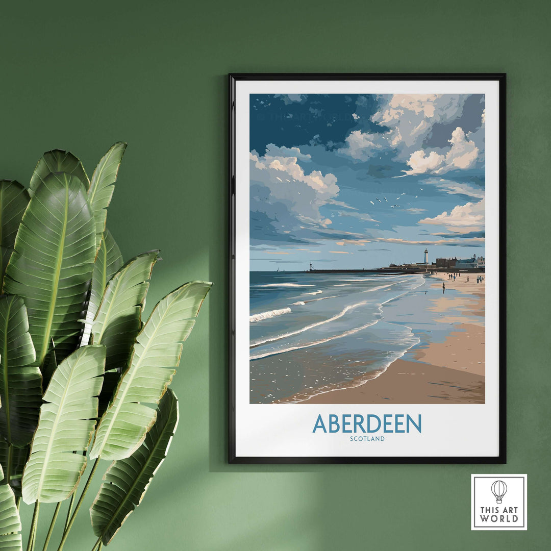 Aberdeen Scotland Bright Beach Scene Art Print | Coastal Poster displayed on a green wall with plants in the foreground.