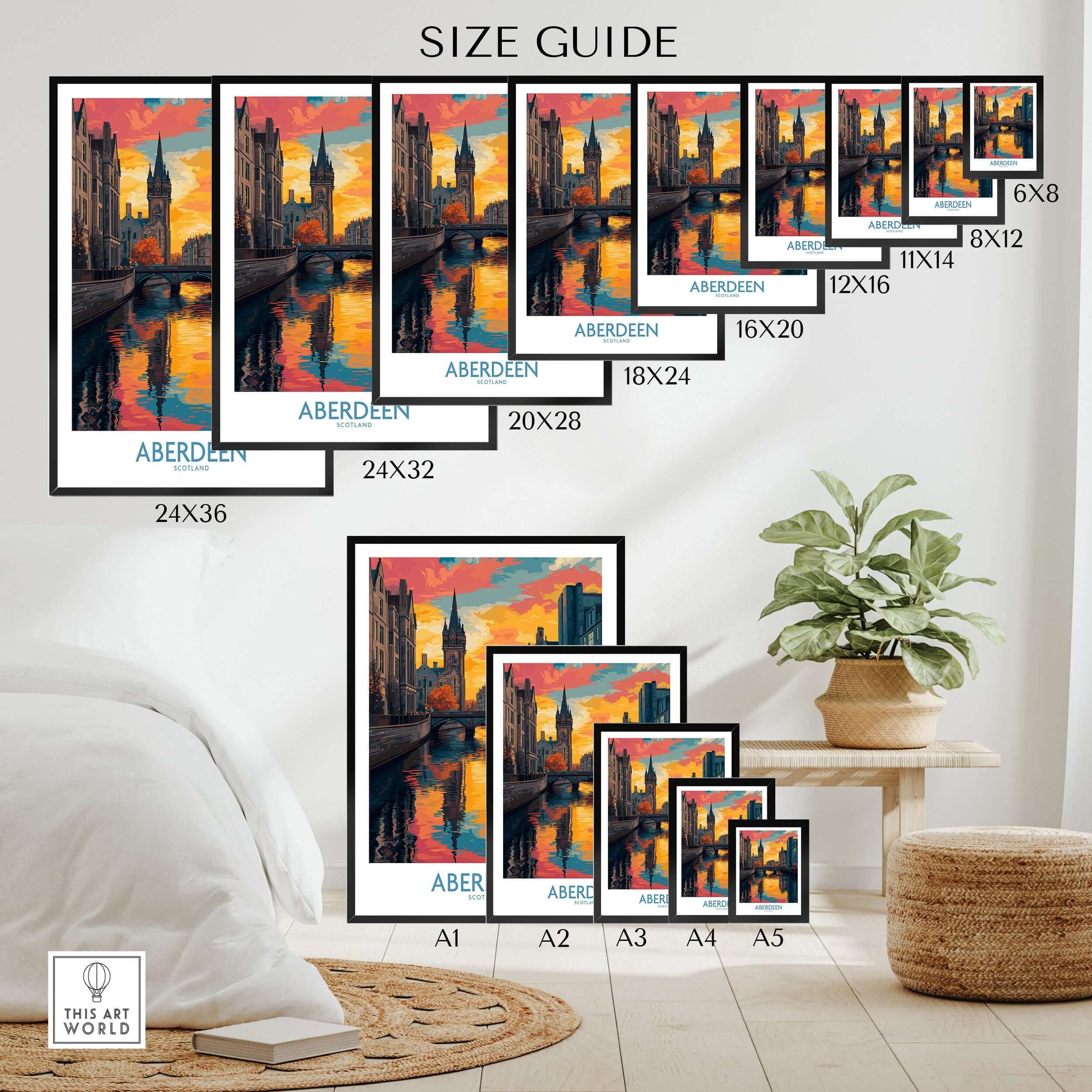 Aberdeen Scotland Cityscape Art Print | Travel Poster size guide with various print dimensions in a stylish home setting.