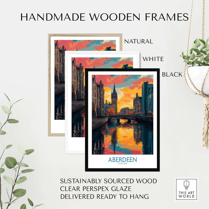 Aberdeen Scotland Cityscape Art Print | Travel Poster in handmade wooden frames with natural, white, and black options.