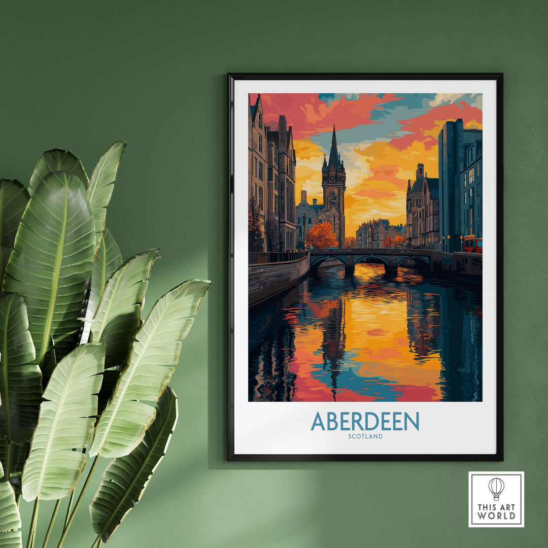 Aberdeen Scotland Cityscape Art Print | Travel Poster featuring a vibrant sunset reflection on the city river.